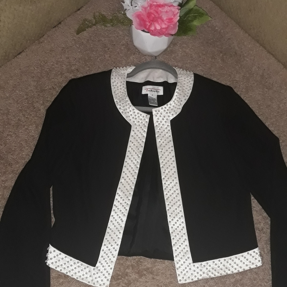 Talbots (Size 8) Black & Pearl Trim Interior Lined Open Front LS Cardigan Jacket